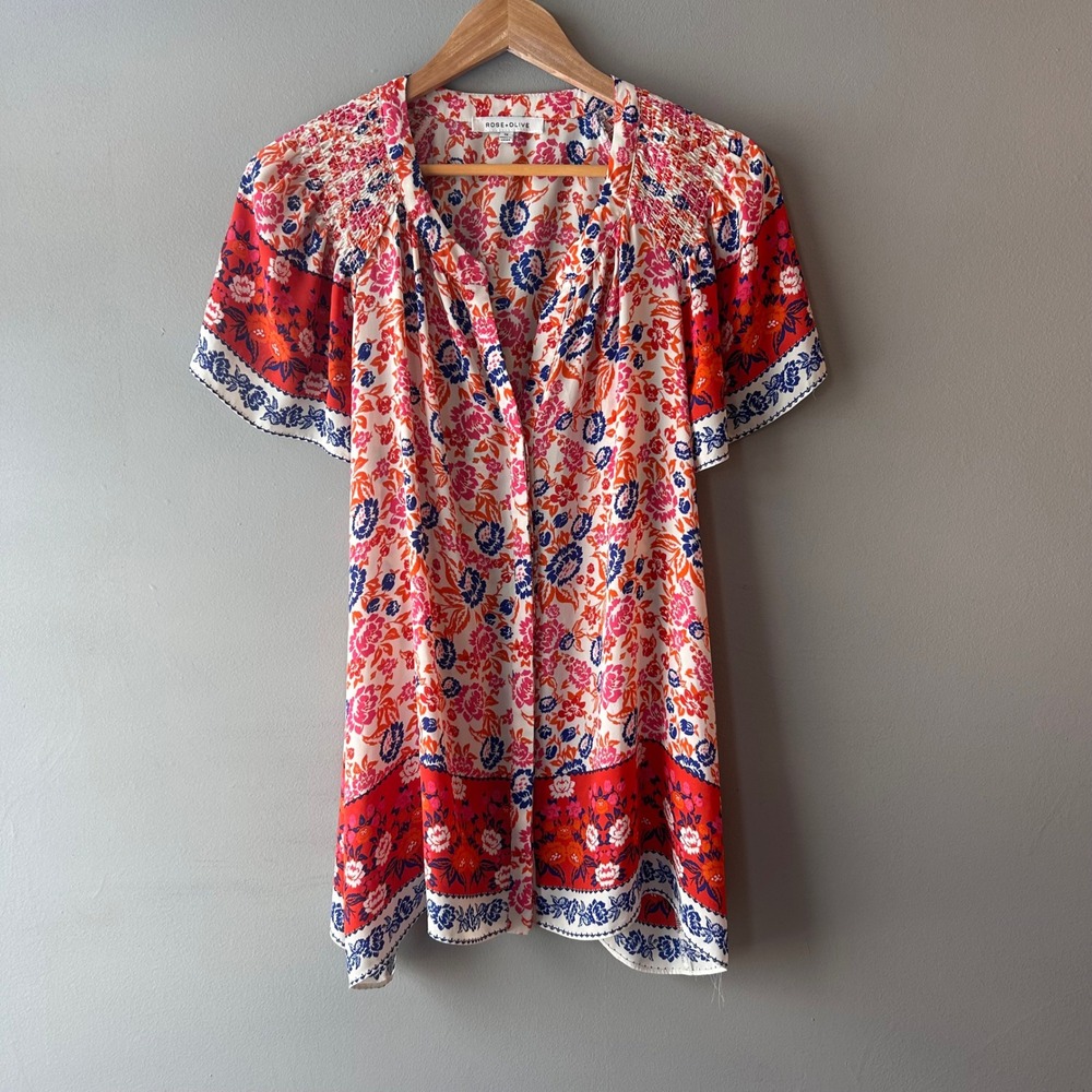 ROSE OLIVE 1X Floral Print Smocked Neck Short Sleeve Tunic Top Blouse Women‎